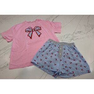 Rareraw Pink Bow Tee and Blue Gingham Cherry Pajama Shorts‎ Set Women S/M